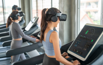 Woman walking on a Treadmill while wearing VR headset on her head